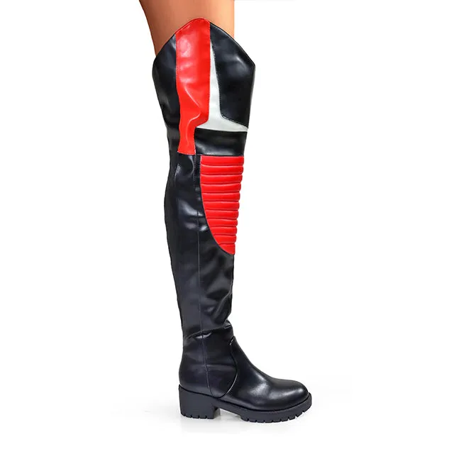 NORRIS-1 Red/Black Faux Leather Over Knee Moto Boot  - Motorcycle Styling Detail