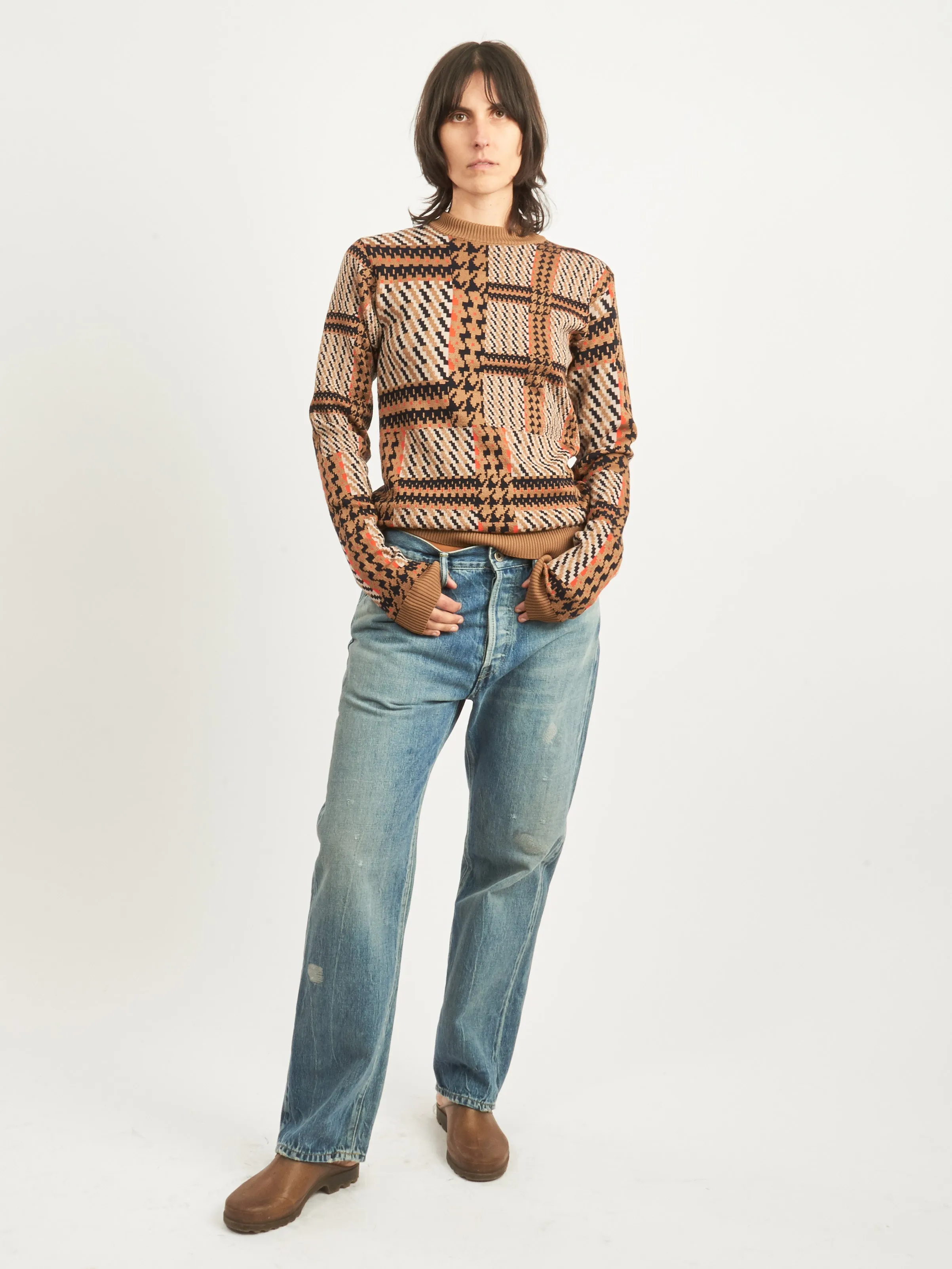 Orange Mixed Checks Dusk Knitted Blouse