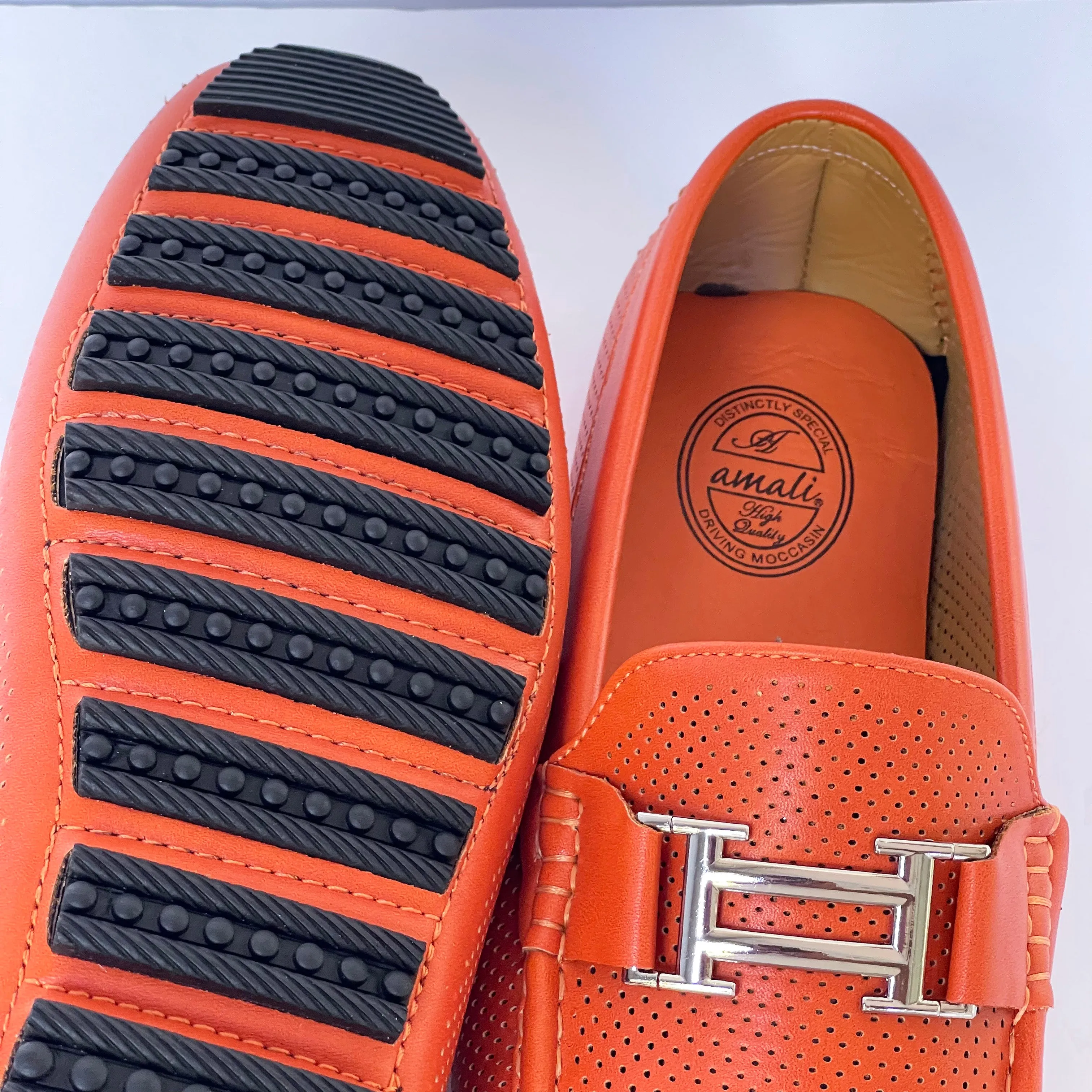 Orange Perforated Smooth Driver with Silver Ornament Moccasin Style Shoes for Men