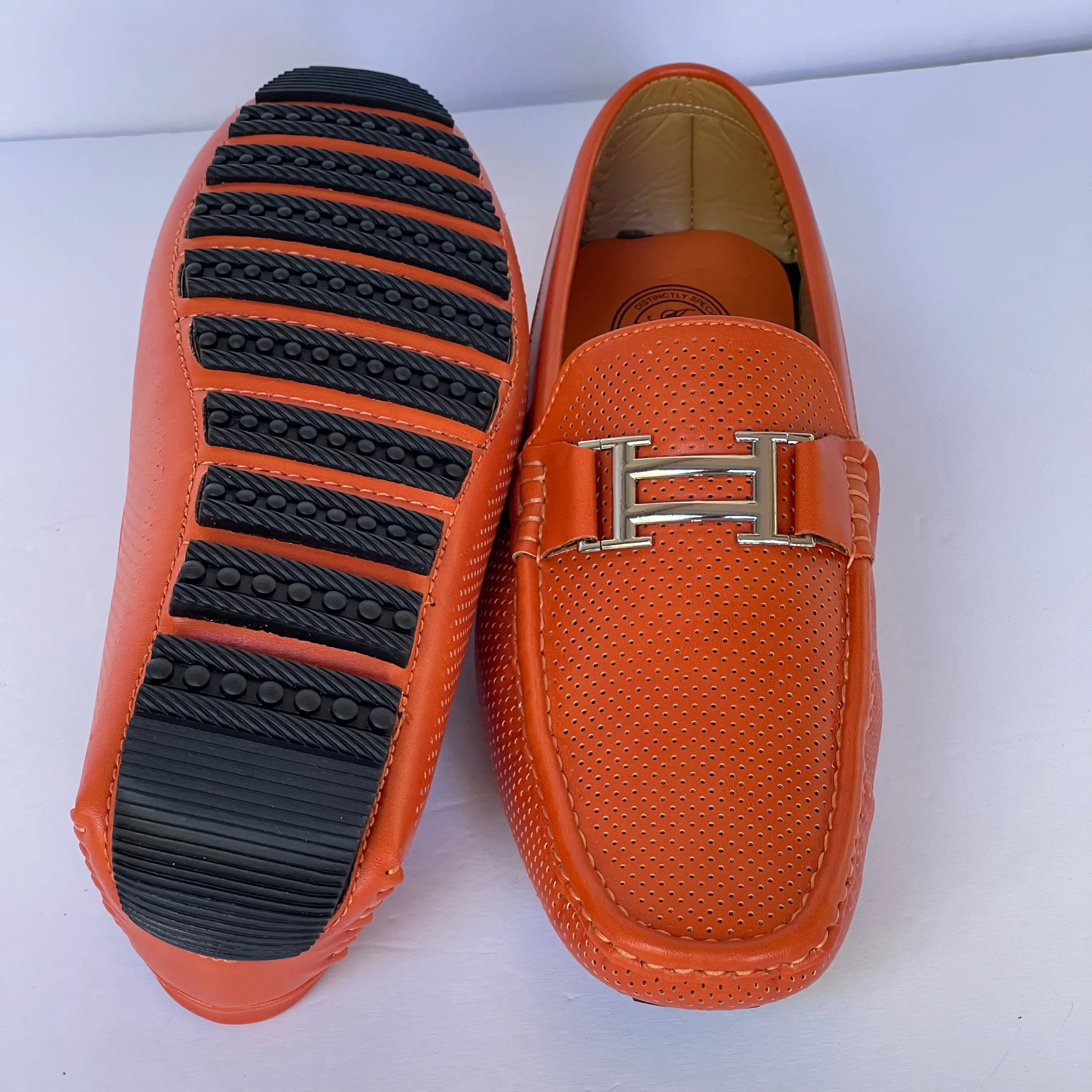 Orange Perforated Smooth Driver with Silver Ornament Moccasin Style Shoes for Men