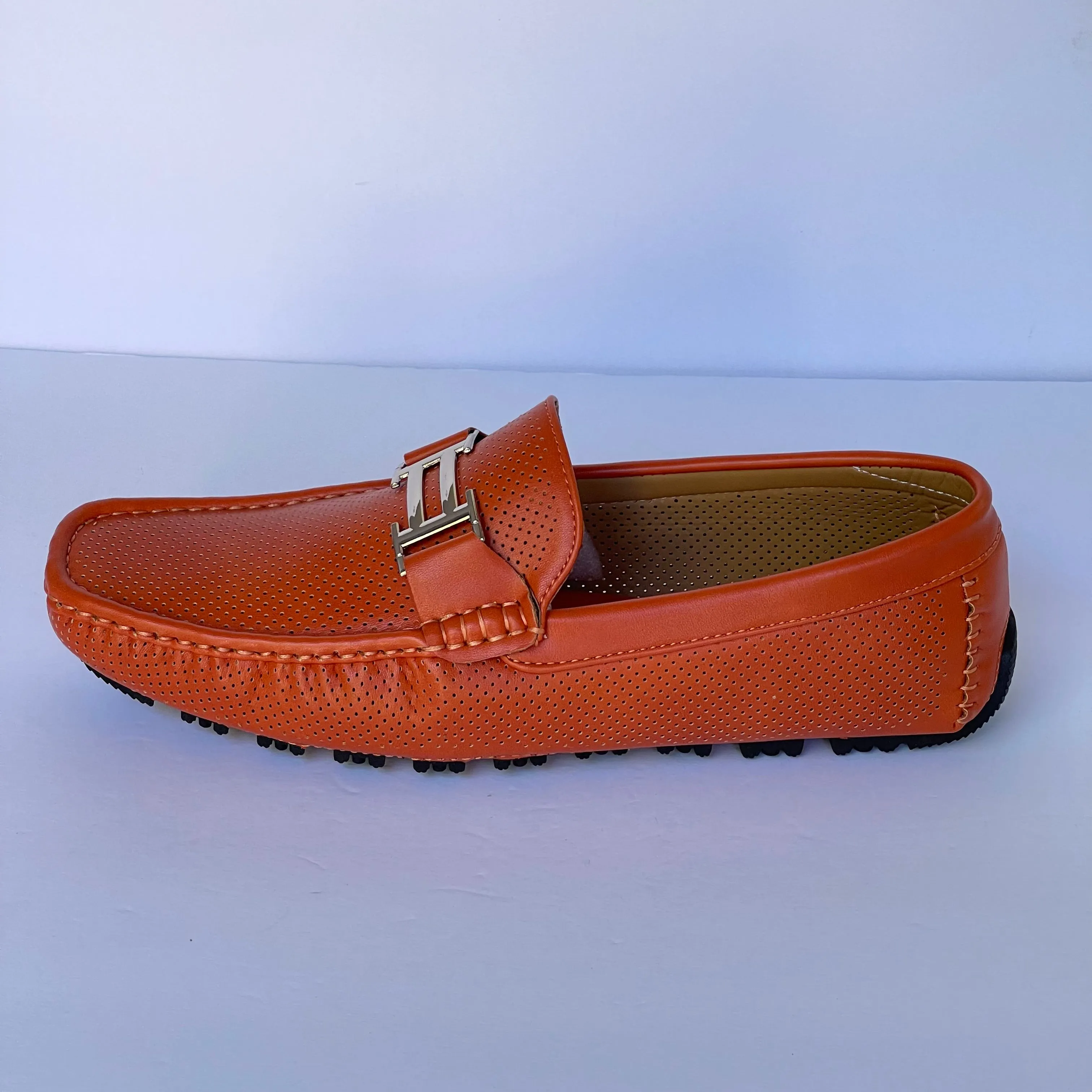 Orange Perforated Smooth Driver with Silver Ornament Moccasin Style Shoes for Men