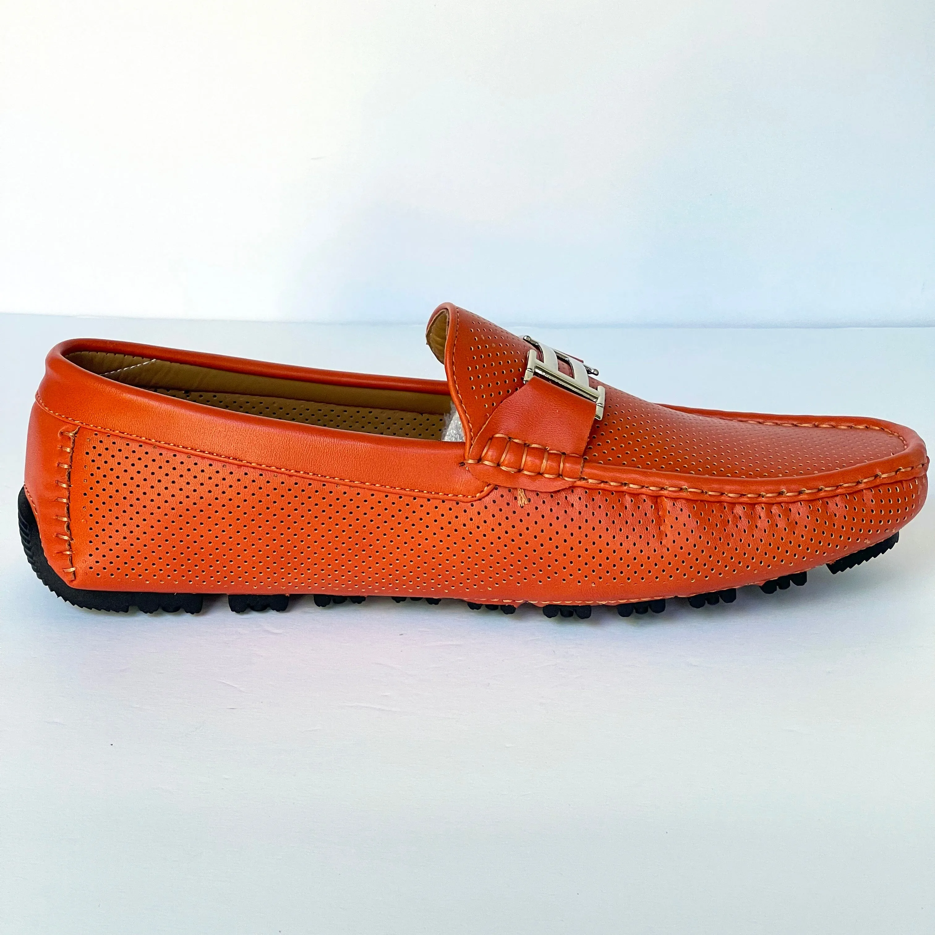 Orange Perforated Smooth Driver with Silver Ornament Moccasin Style Shoes for Men