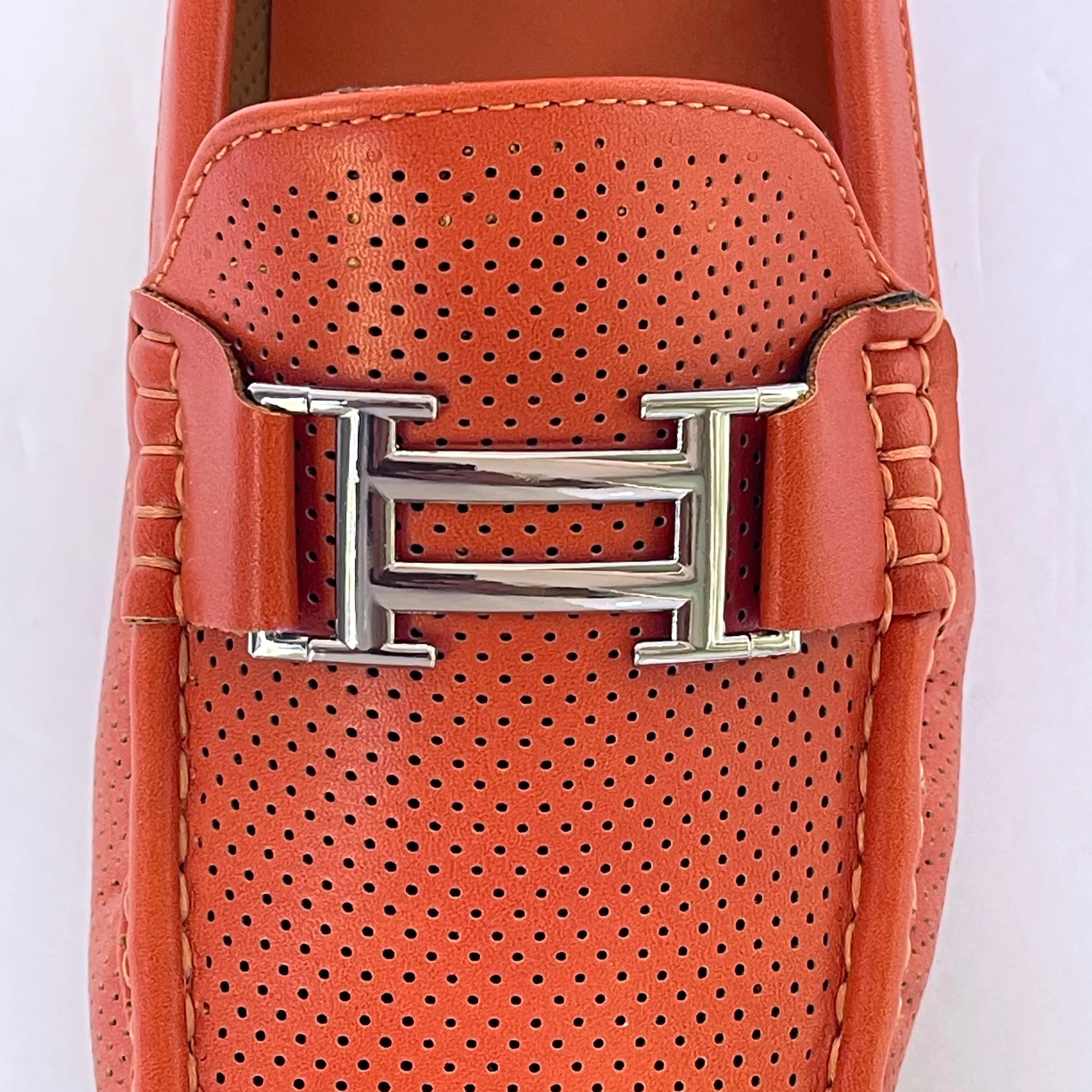 Orange Perforated Smooth Driver with Silver Ornament Moccasin Style Shoes for Men