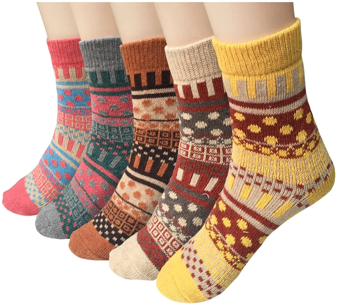 Pack of 5 Womens Winter Socks Warm Thick Knit Wool Soft Vintage Casual Crew Socks Gifts