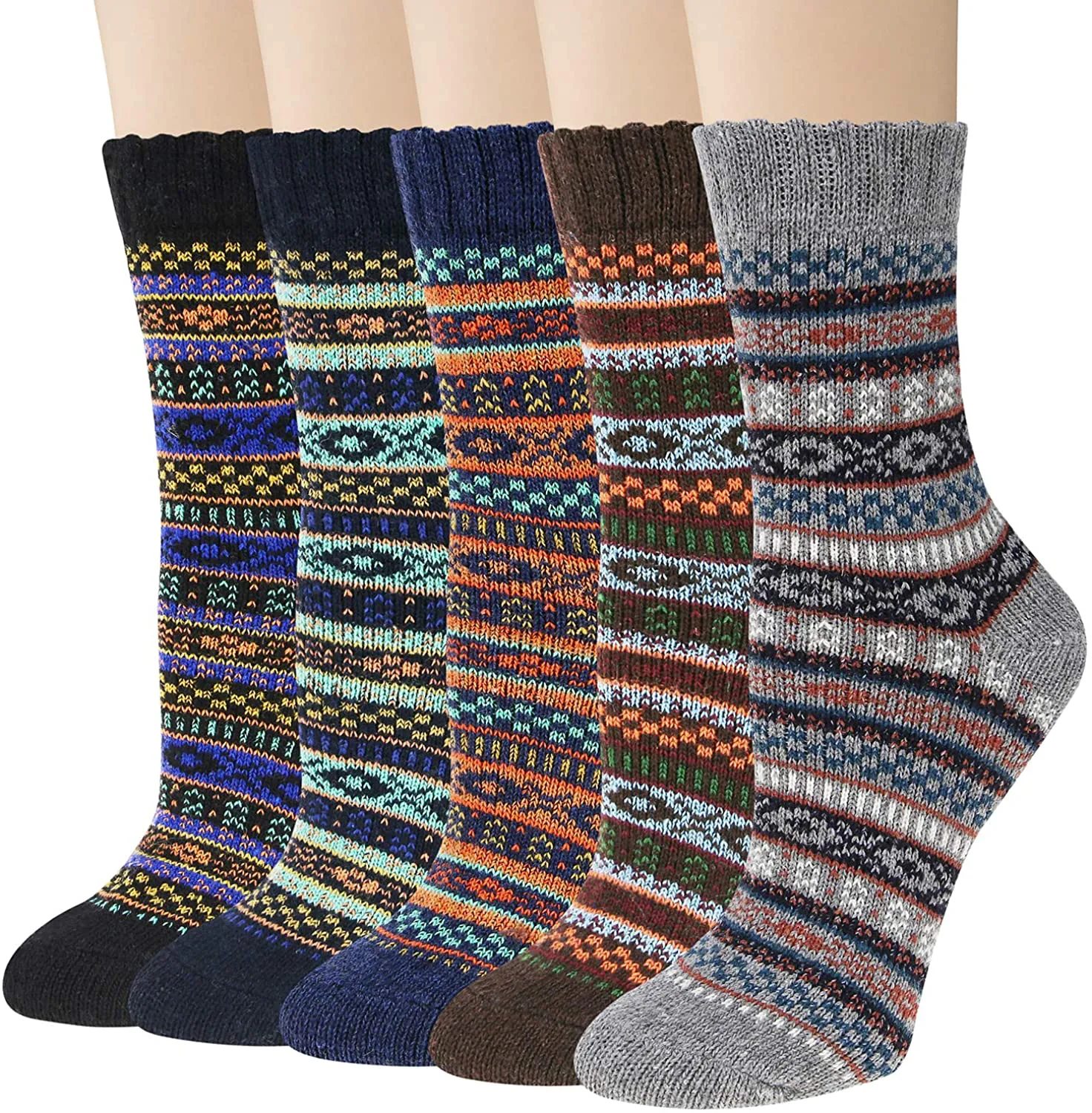 Pack of 5 Womens Winter Socks Warm Thick Knit Wool Soft Vintage Casual Crew Socks Gifts