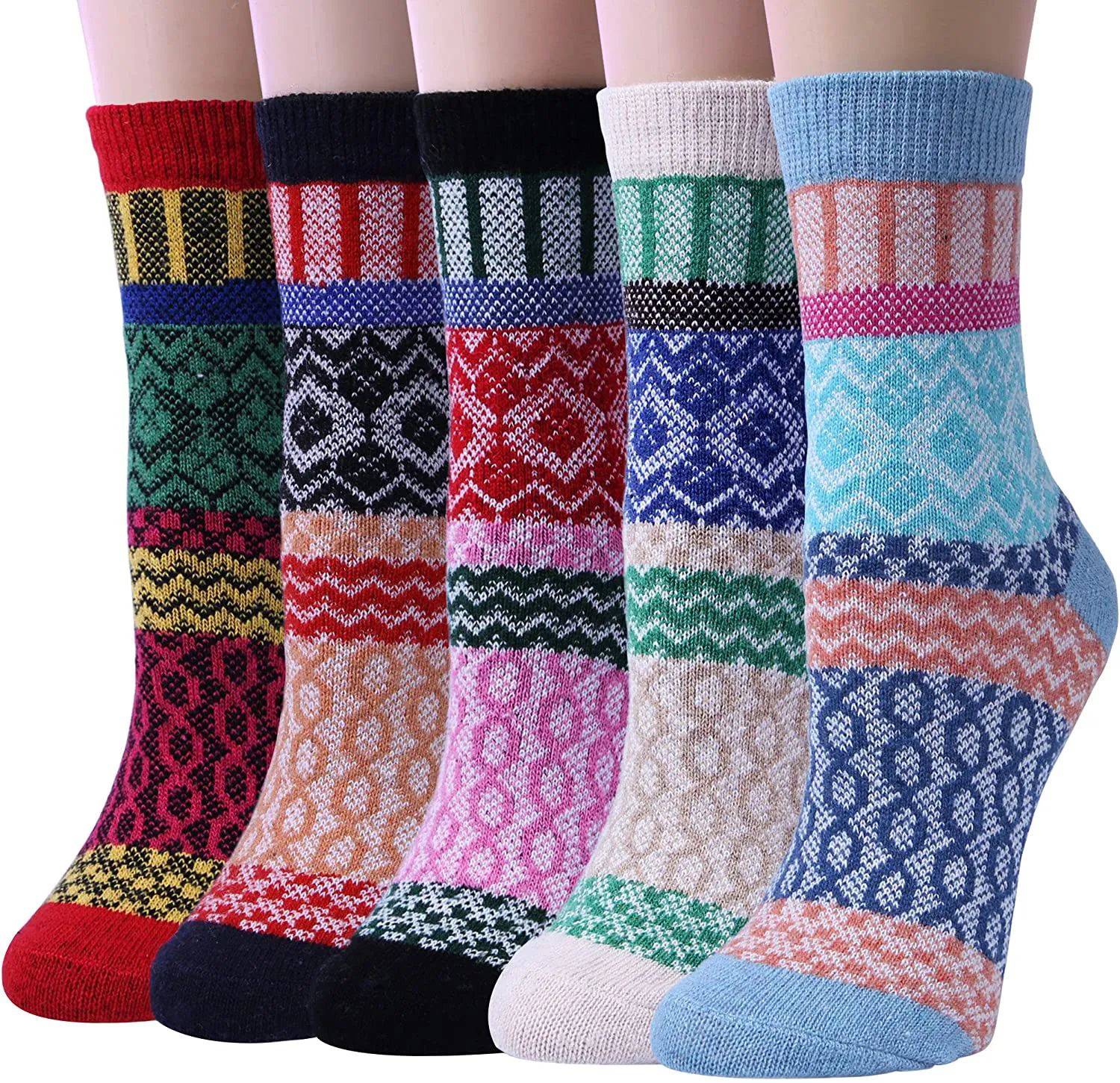 Pack of 5 Womens Winter Socks Warm Thick Knit Wool Soft Vintage Casual Crew Socks Gifts