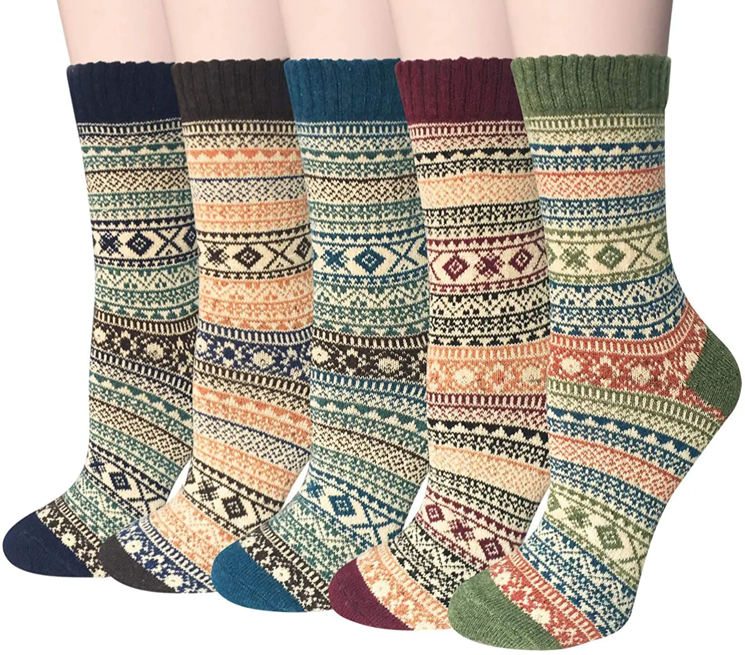 Pack of 5 Womens Winter Socks Warm Thick Knit Wool Soft Vintage Casual Crew Socks Gifts