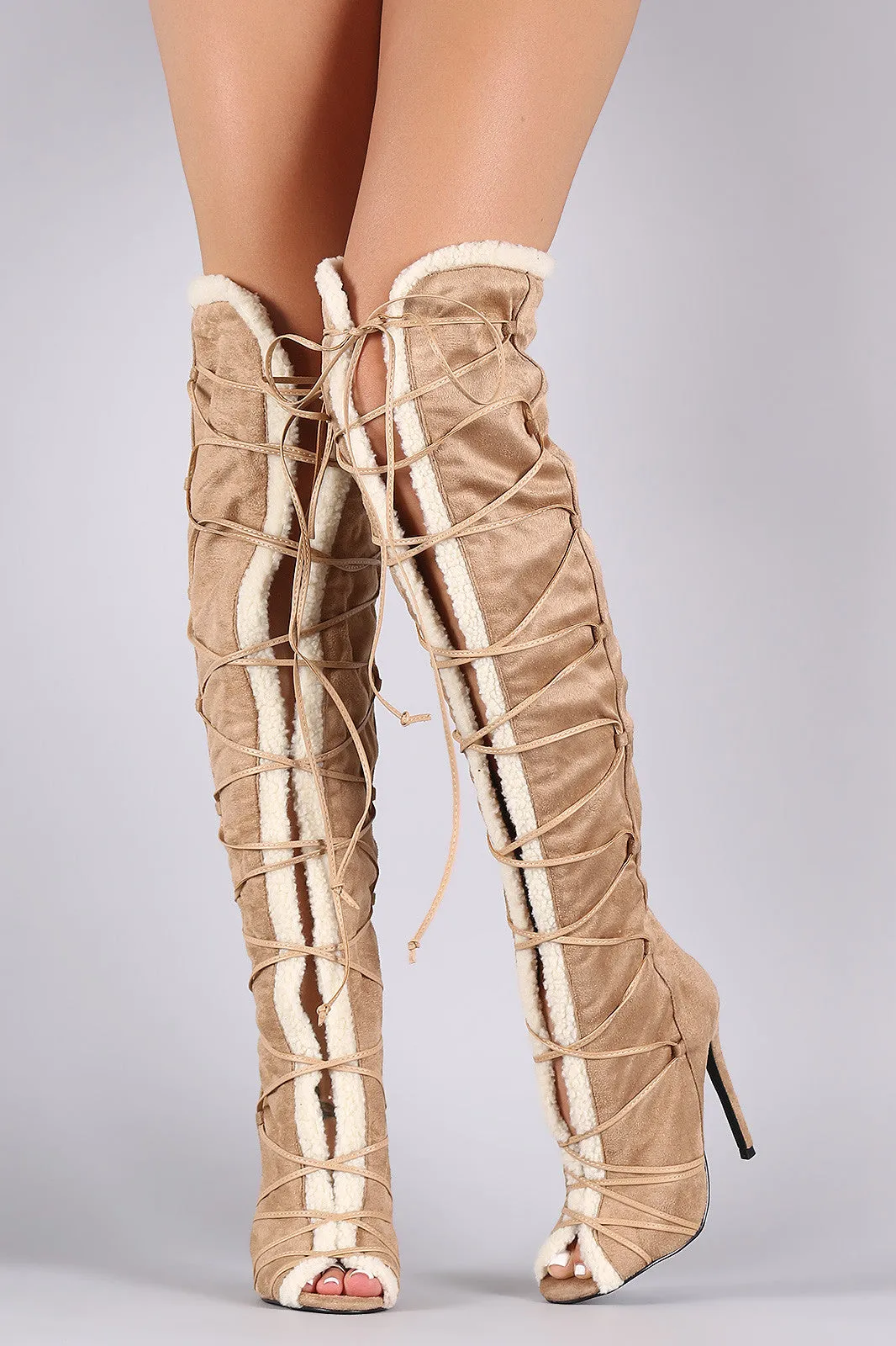 Privileged Shearling Trim Peep Toe Lace Up Stiletto Boots