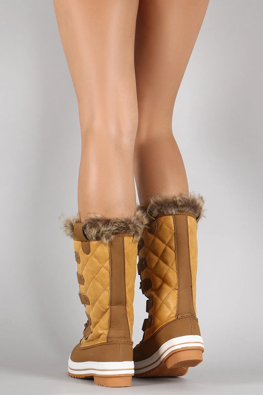 Quilted Faux Fur Cuff Lace Up Mid Calf Boots