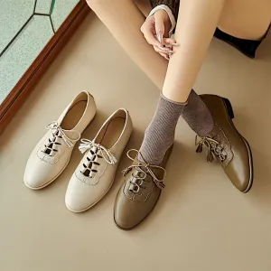 Retro Lace Up Leather Shoes For Women Round Toe Flats in Beige/Green