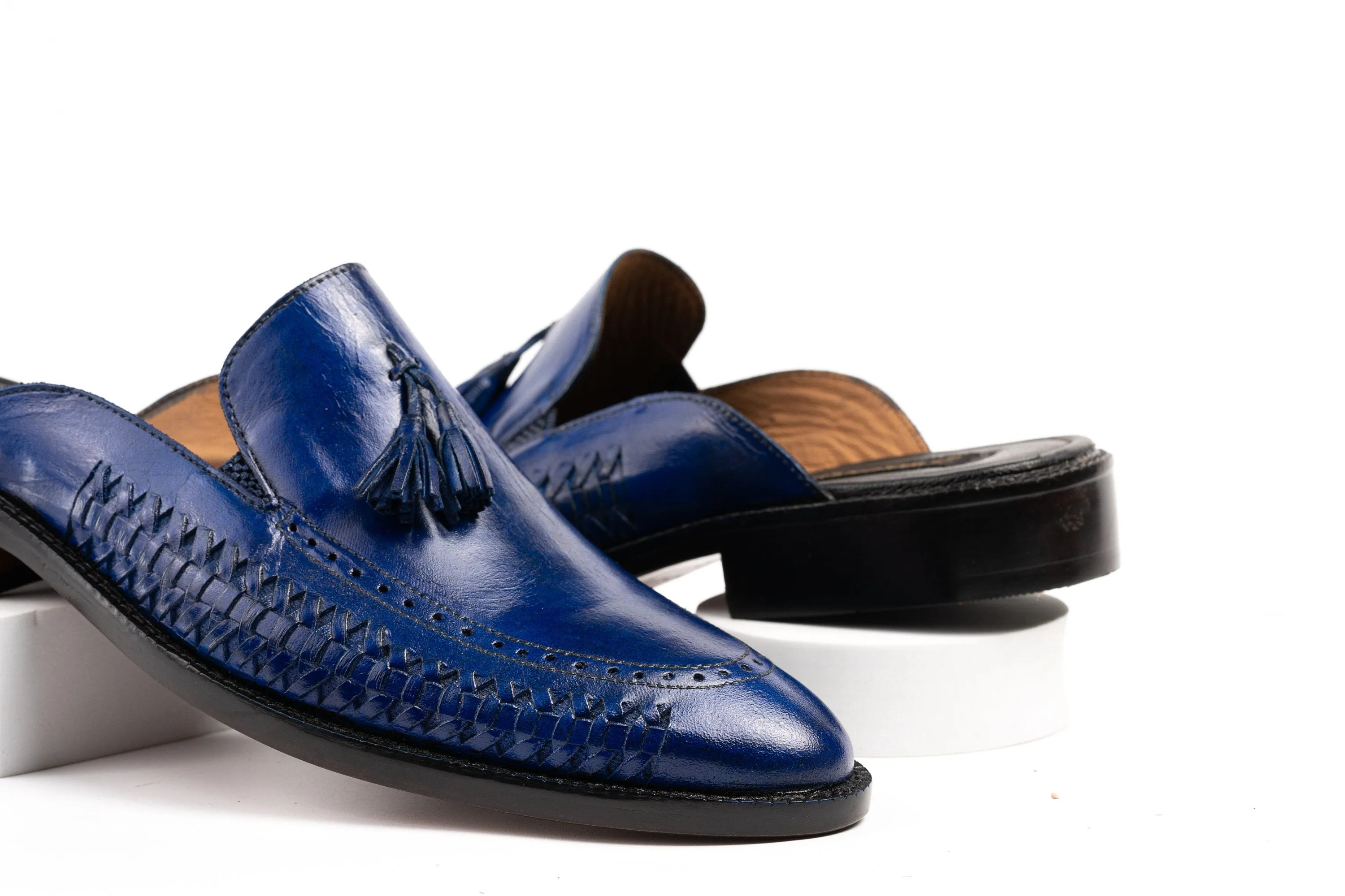 Royal blue or any Color of Your Choice Whole Cut loafer Backless Slip On Mule Cow Crust Leather Custom Made-To-Order Shoes  Unique Premium