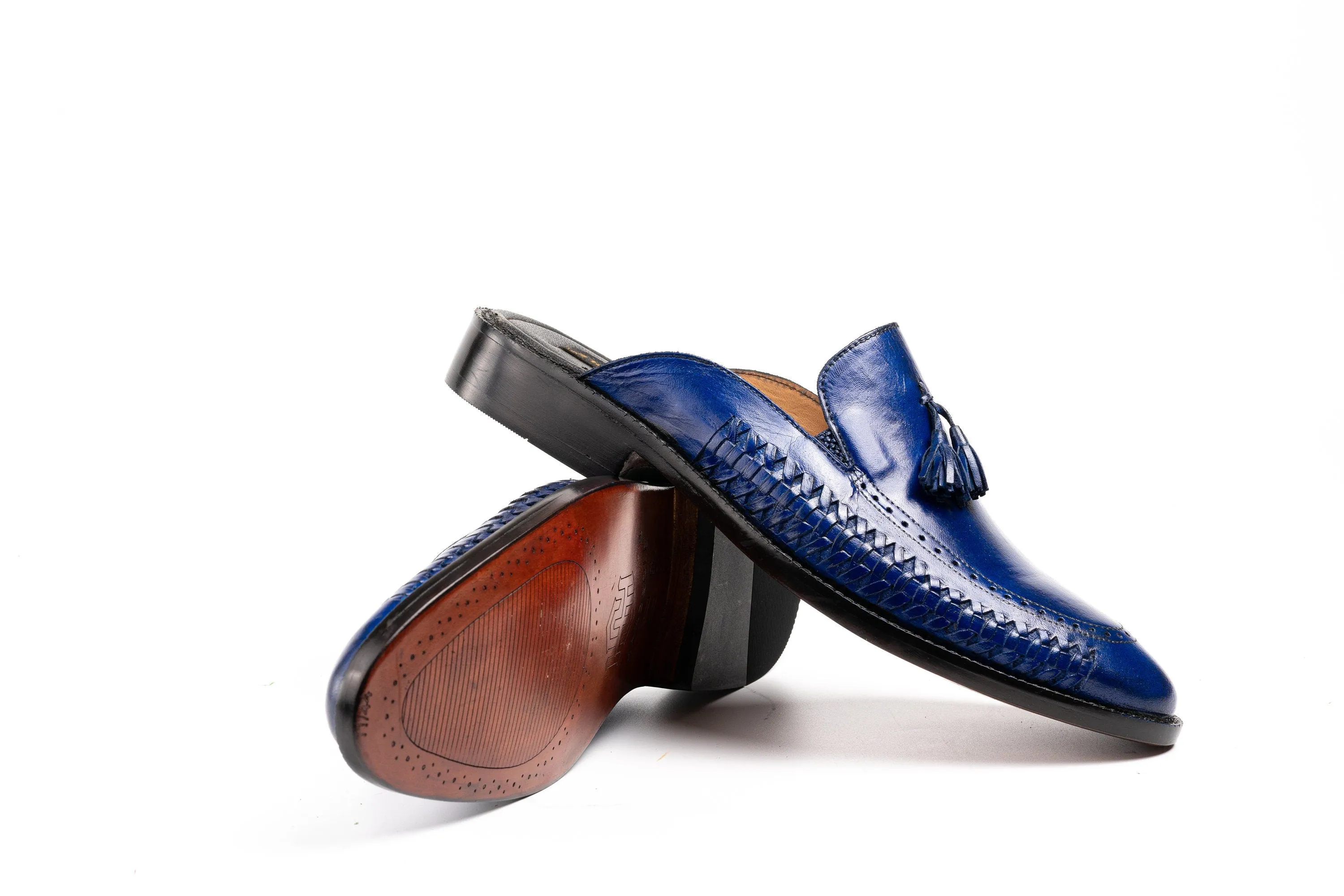 Royal blue or any Color of Your Choice Whole Cut loafer Backless Slip On Mule Cow Crust Leather Custom Made-To-Order Shoes  Unique Premium