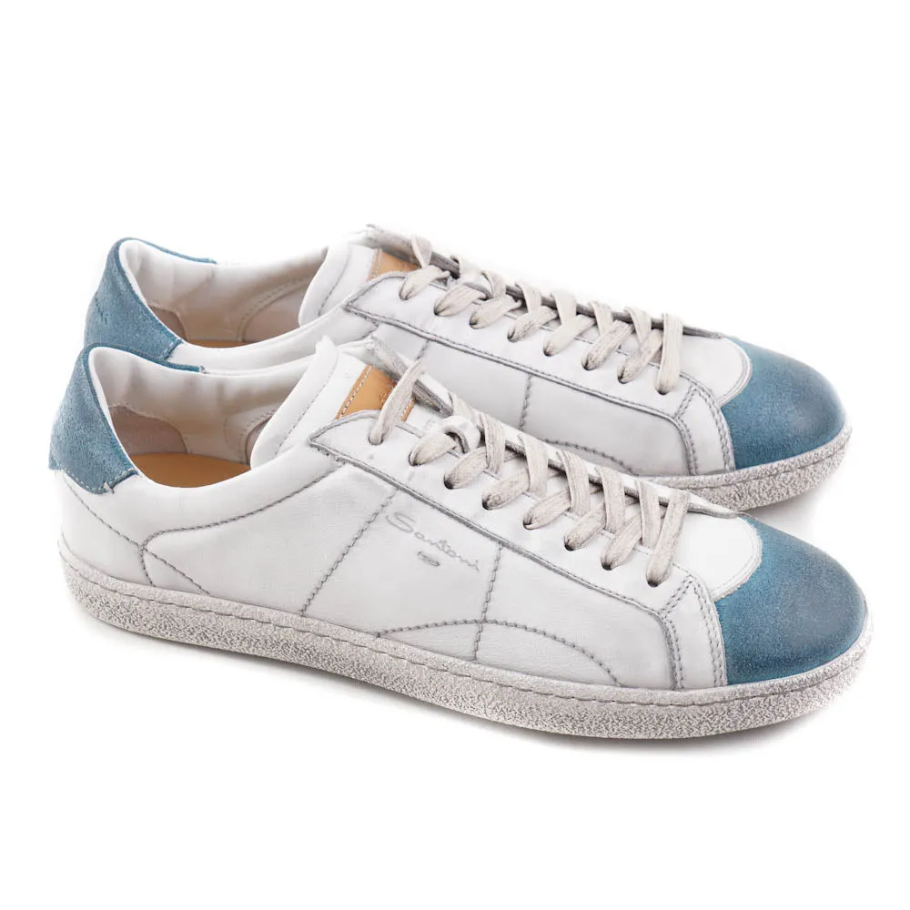 Santoni White and Blue Vintage-Look Sneakers