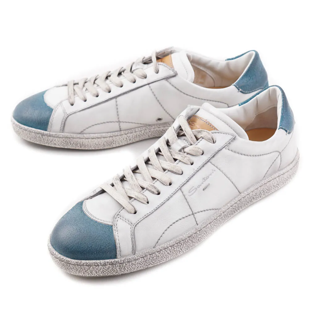 Santoni White and Blue Vintage-Look Sneakers