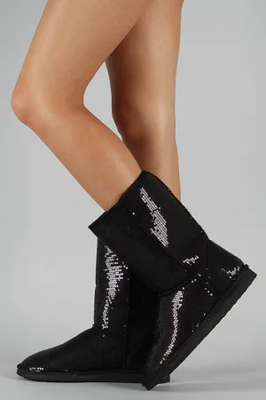 Sequin Round Toe Mid Calf Flat Boot