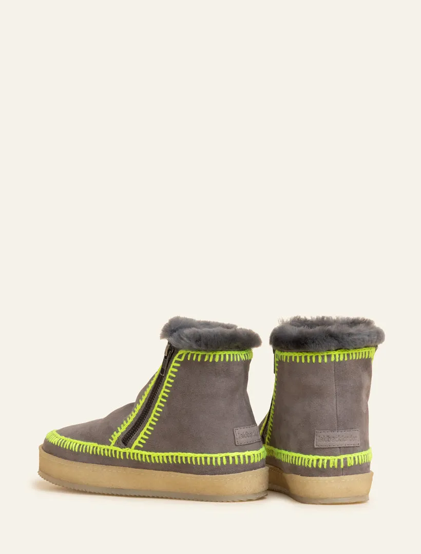 Setsu Crochet Ankle Boot Grey Suede Neon Yellow