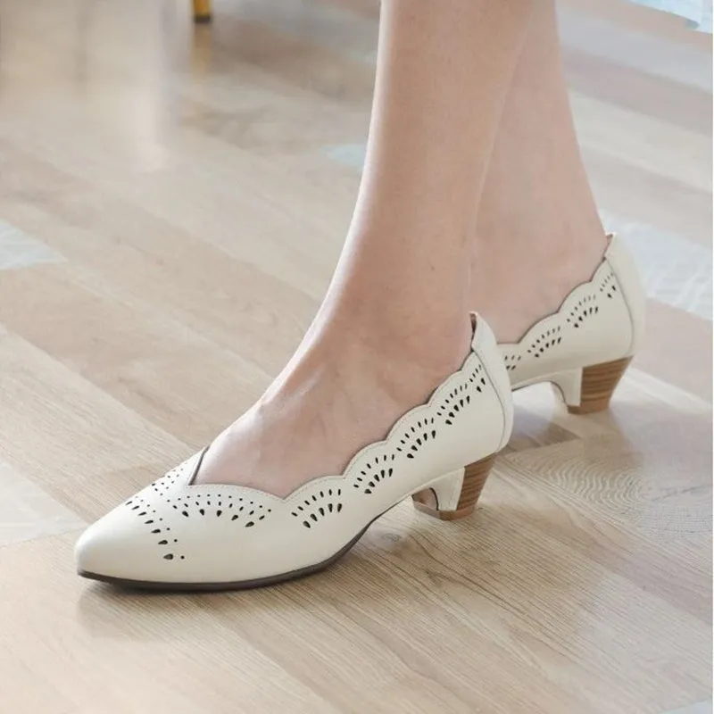 Sheepskin Point Toe Pumps 30mm Cone Heel Cut Out In Off White/Black Fashion Style