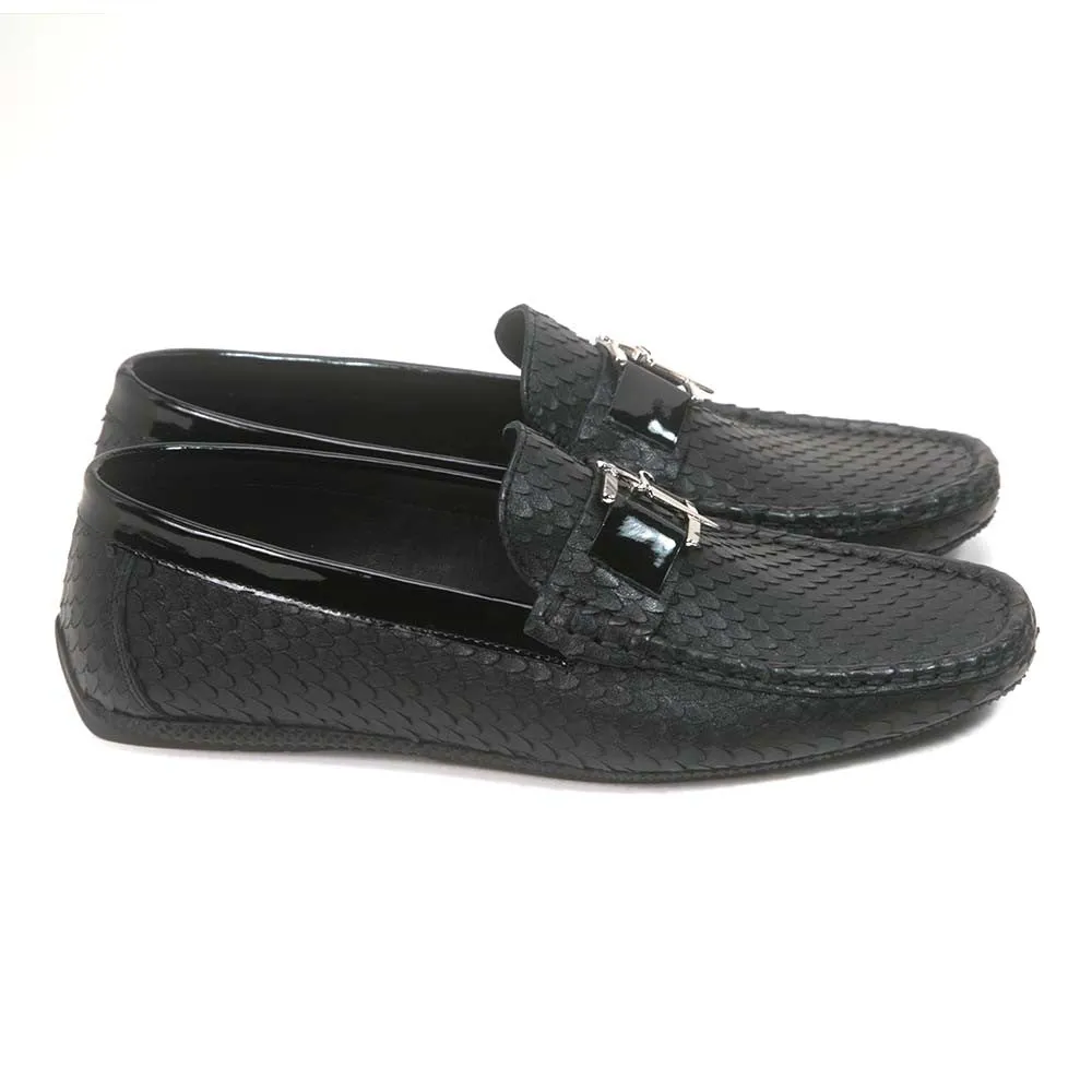 Sigotto Uomo Black Embossed Snake Print Loafer with Rubber Sole