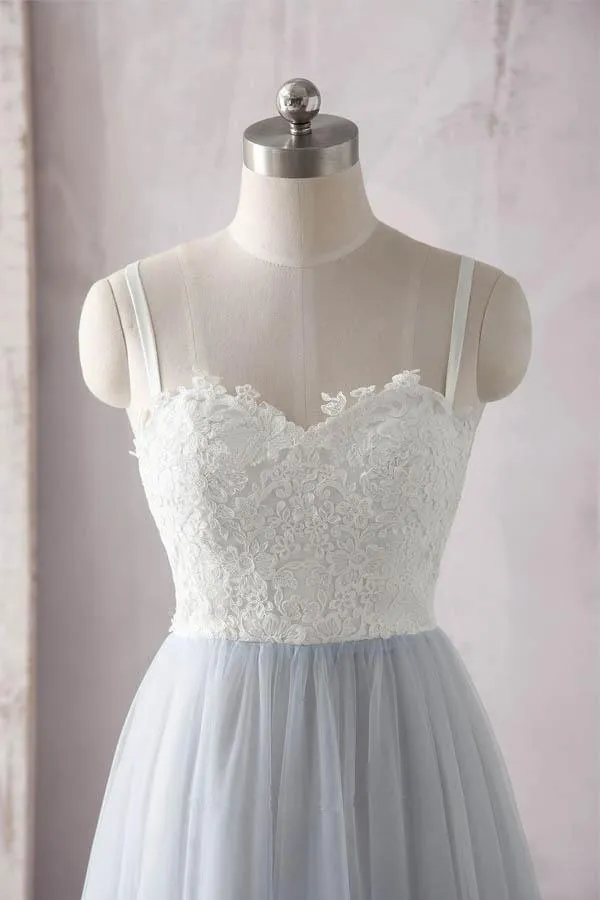 Simple Spaghetti Straps Sweetheart Ivory Lace Blue Tulle Prom Dress PG637