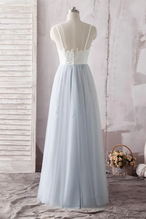 Simple Spaghetti Straps Sweetheart Ivory Lace Blue Tulle Prom Dress PG637