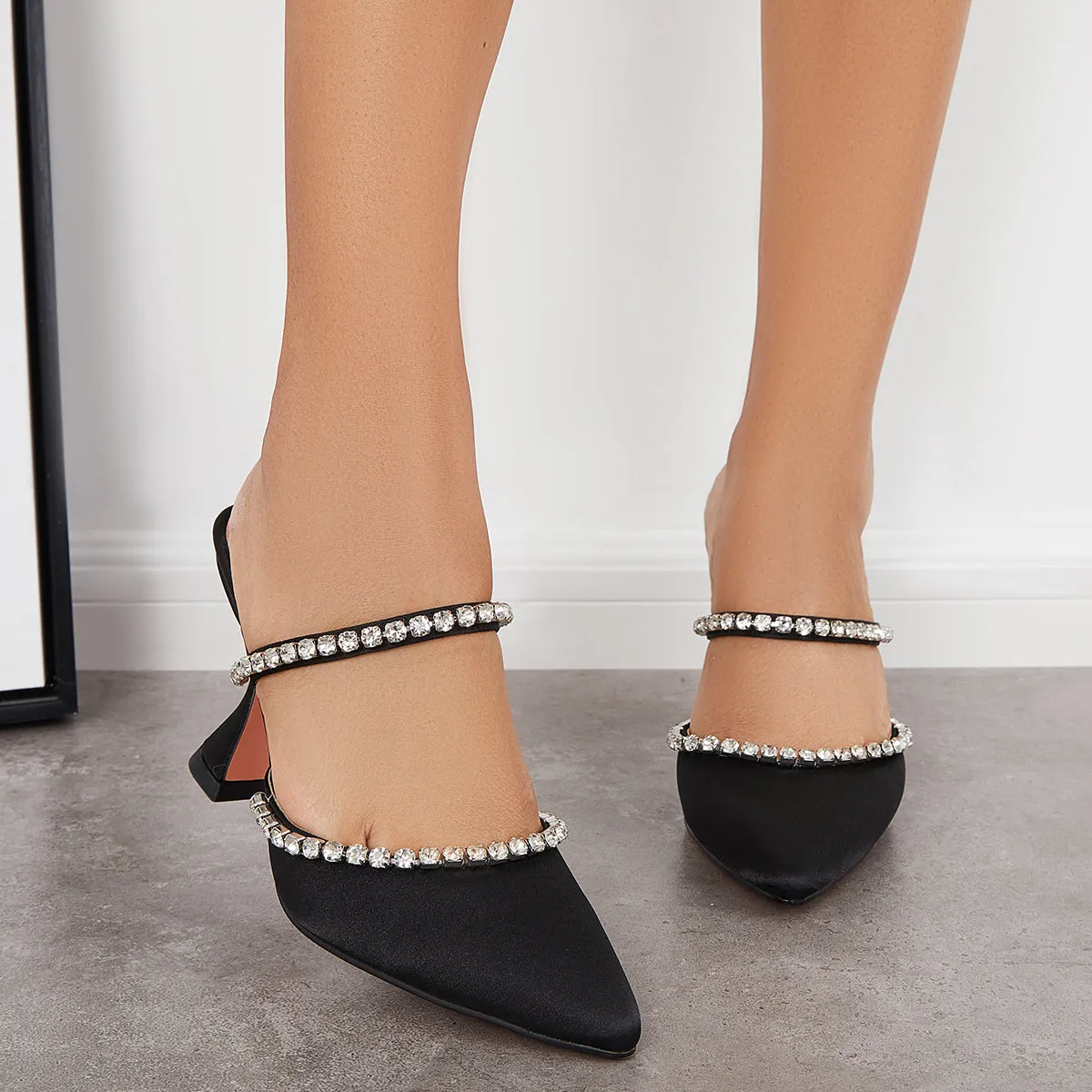 Sohiwoo woman formal Rhinestone Pyramid Heel Mules Pointed Toe Backless Dress Pumps