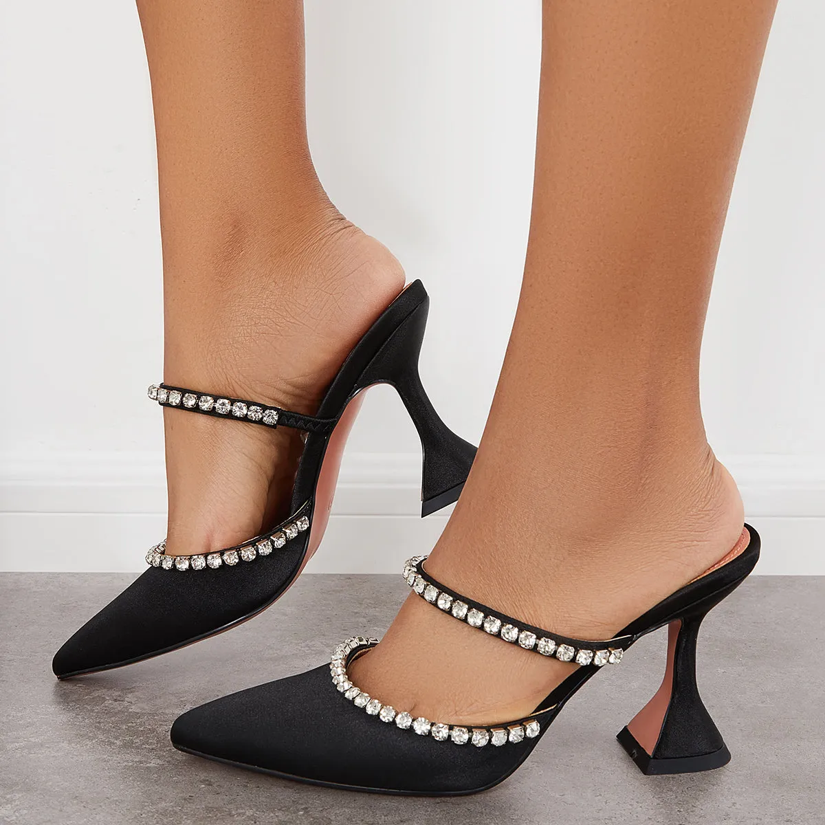 Sohiwoo woman formal Rhinestone Pyramid Heel Mules Pointed Toe Backless Dress Pumps