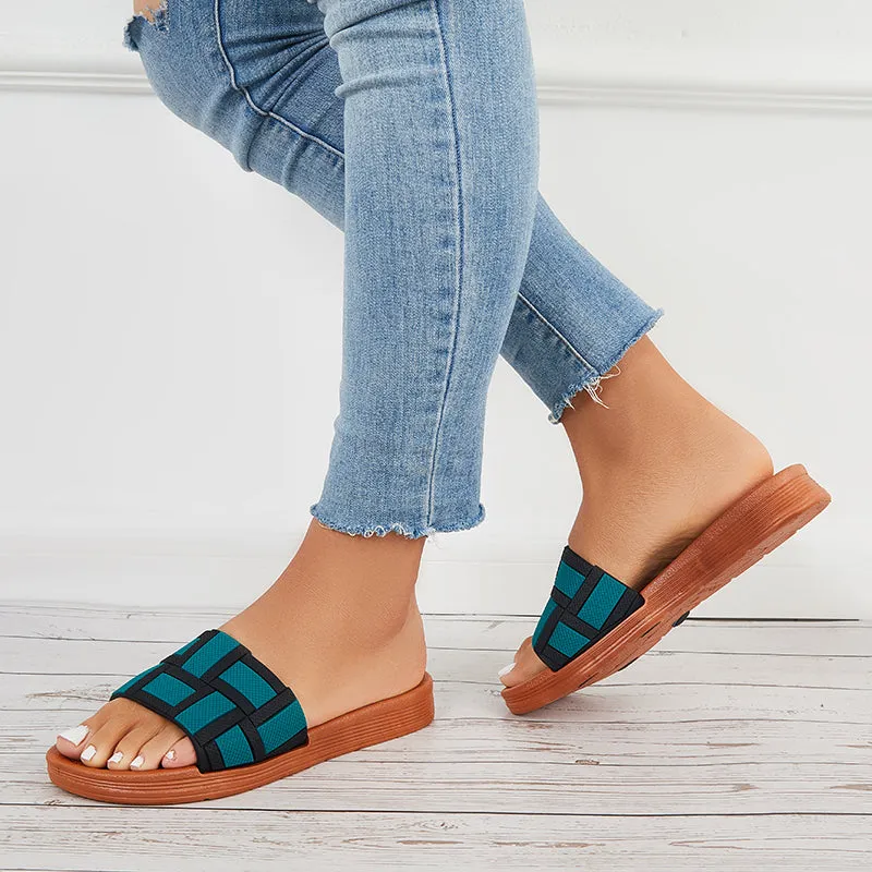 Sohiwoo Women Plaid Flat Mule Slide Sandals Holiday Beach Slippers