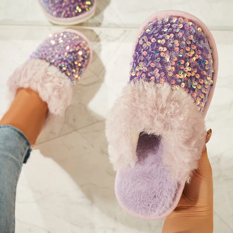 Sohiwoo Women Shiny Warm Faux Fur Mule Slipper Furry Soft Slip on Shoes