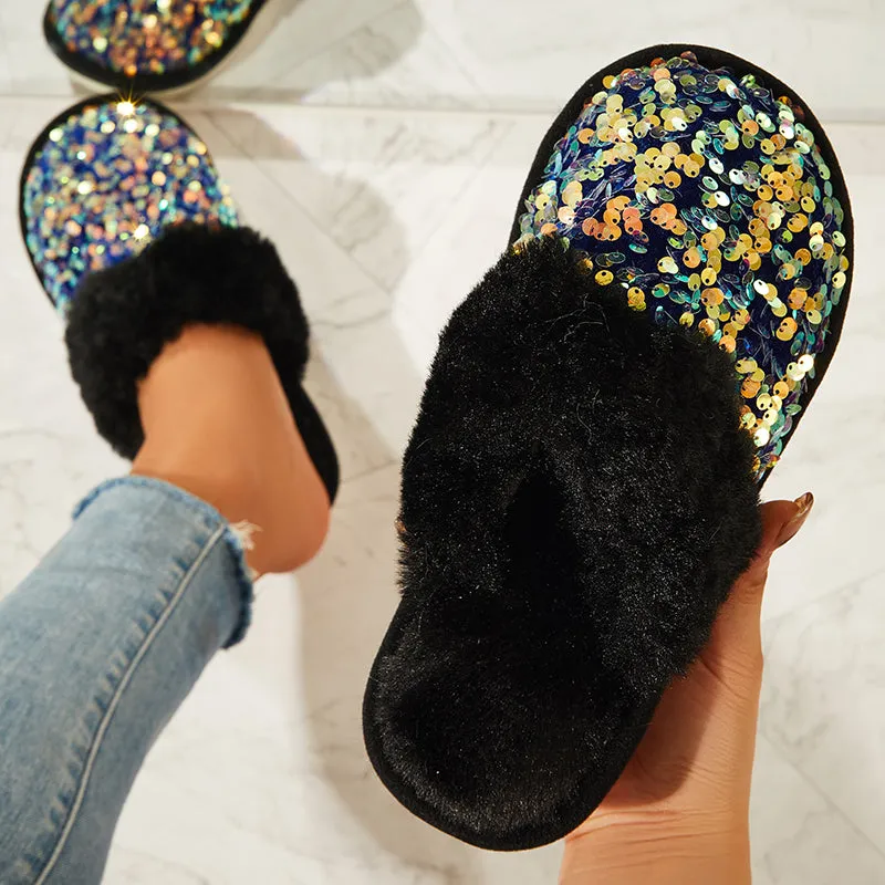 Sohiwoo Women Shiny Warm Faux Fur Mule Slipper Furry Soft Slip on Shoes