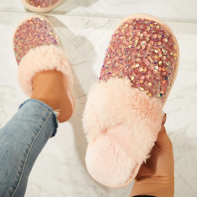 Sohiwoo Women Shiny Warm Faux Fur Mule Slipper Furry Soft Slip on Shoes