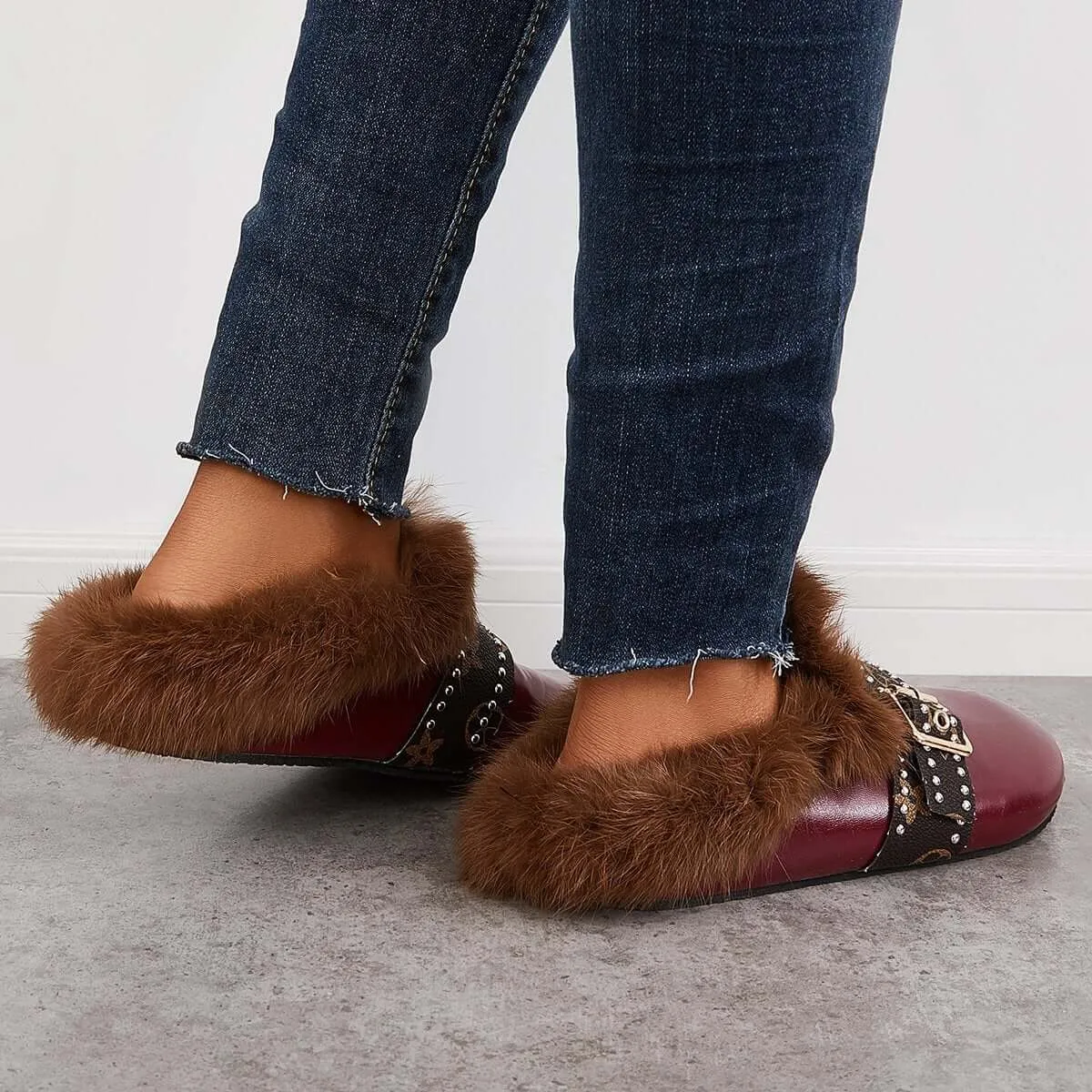 Sohiwoo Women Warm Faux Fur Mule Loafers Fuzzy Slip on Backless Slippers