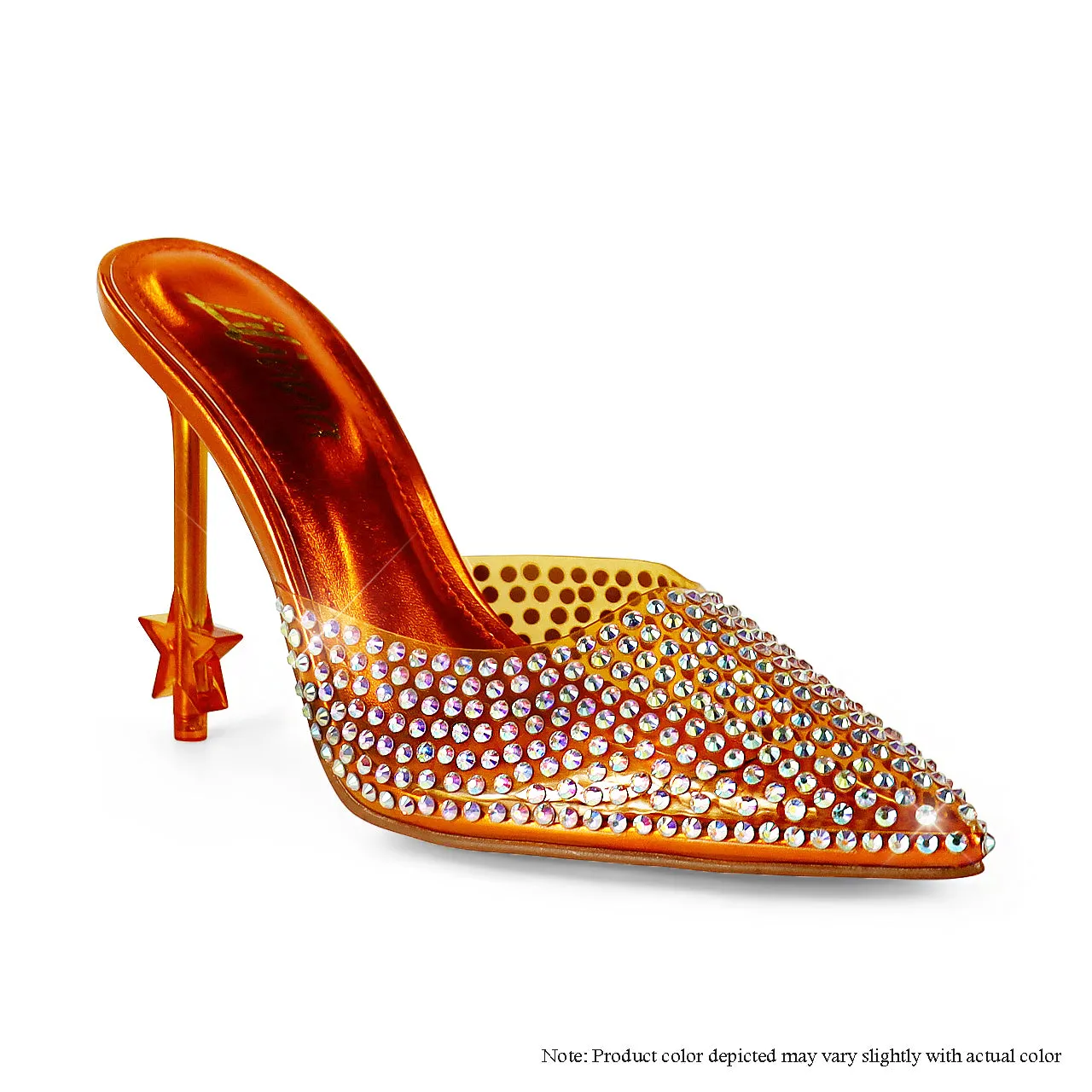 STARDOM-1 POINTED ALL RHINESTONE MULE W/ STAR STILETTO HEEL-ORANGE