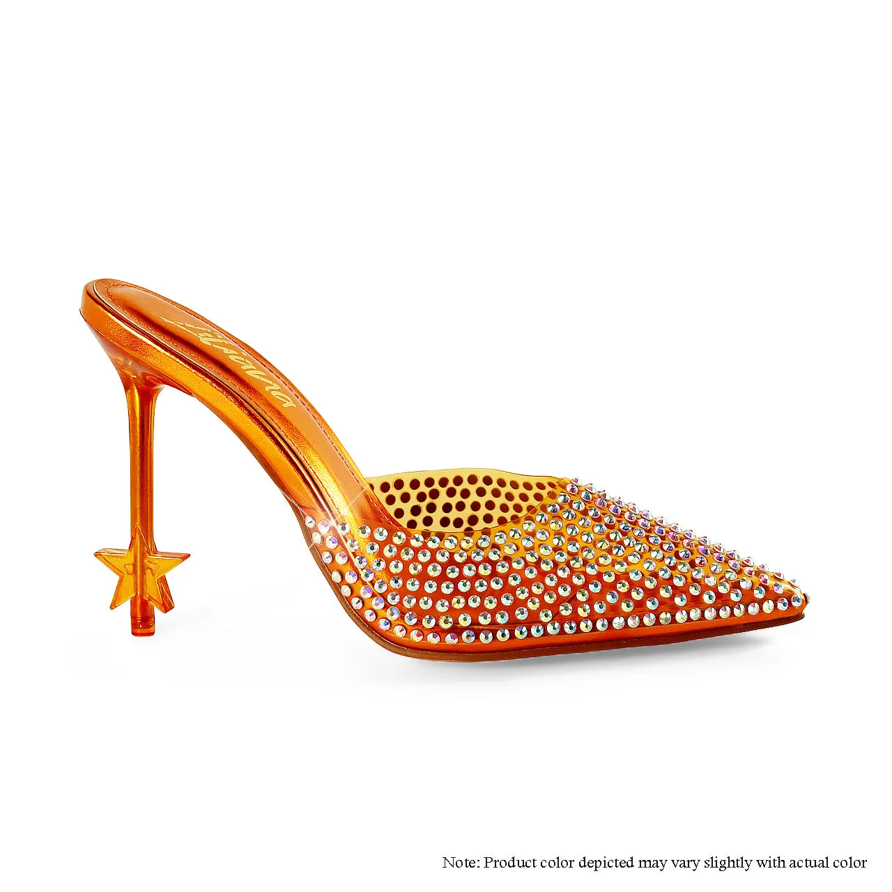 STARDOM-1 POINTED ALL RHINESTONE MULE W/ STAR STILETTO HEEL-ORANGE