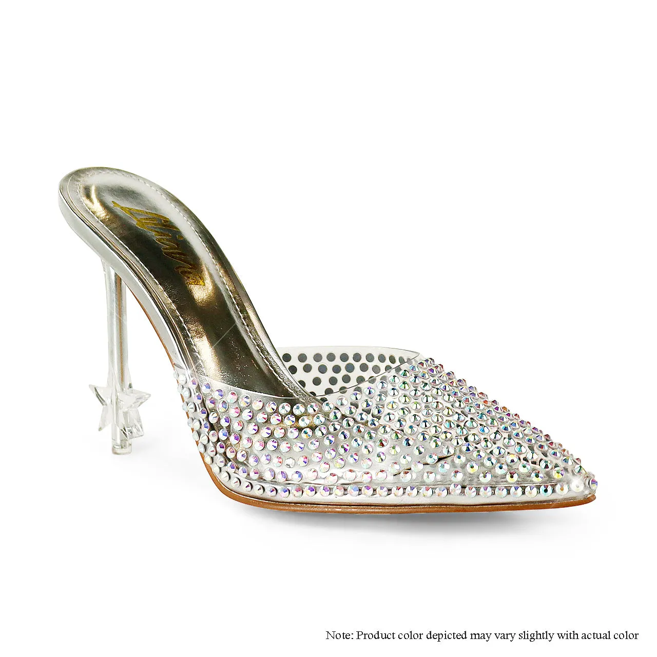 STARDOM-1 POINTED ALL RHINESTONE MULE W/ STAR STILETTO HEEL -SILVER