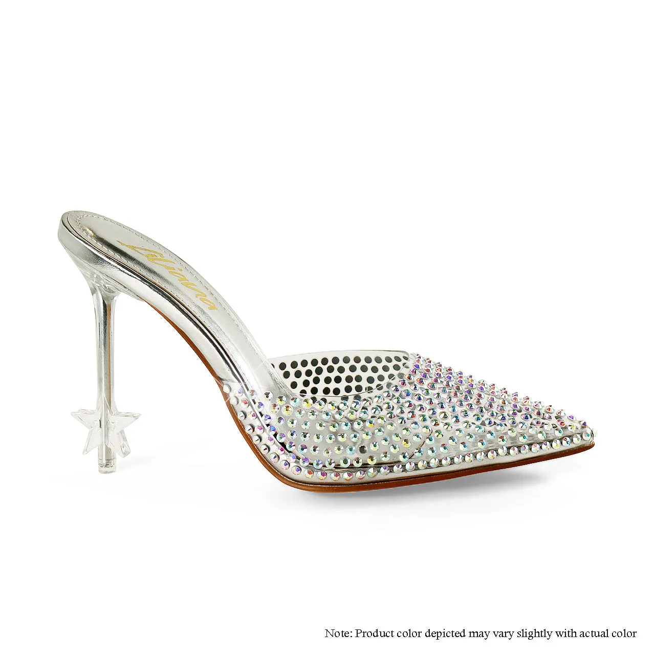 STARDOM-1 POINTED ALL RHINESTONE MULE W/ STAR STILETTO HEEL -SILVER