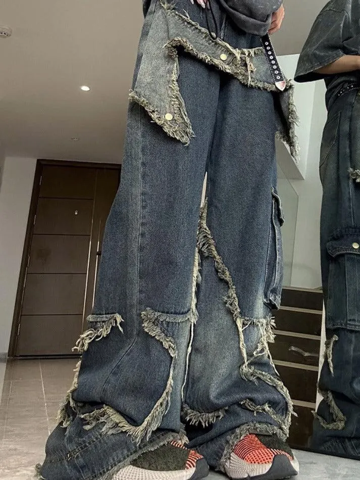 Street Frayed Patch Splice Mopping Boyfriend Jeans