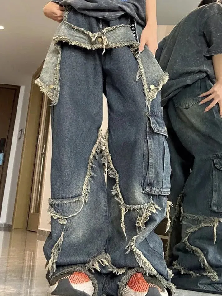 Street Frayed Patch Splice Mopping Boyfriend Jeans