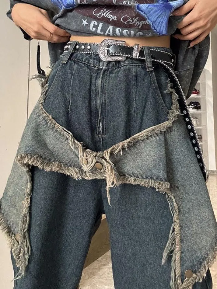 Street Frayed Patch Splice Mopping Boyfriend Jeans