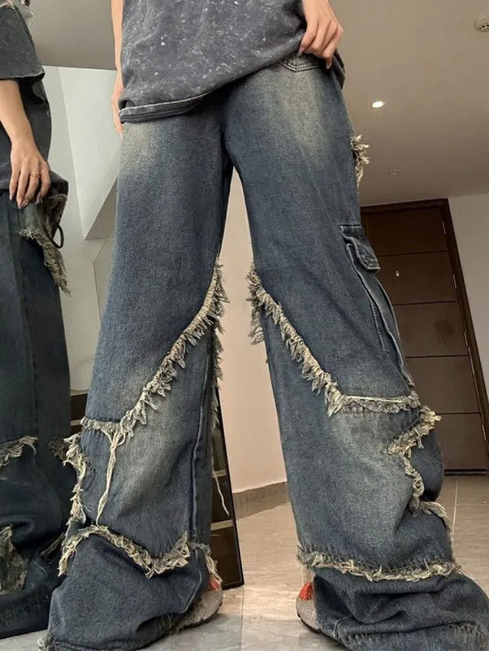 Street Frayed Patch Splice Mopping Boyfriend Jeans