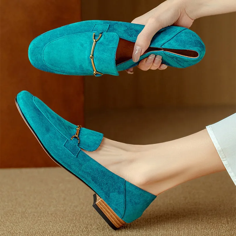 Suede Leather Horsebit-Detailed Loafers for Women Round Toe in Blue/Black/Green