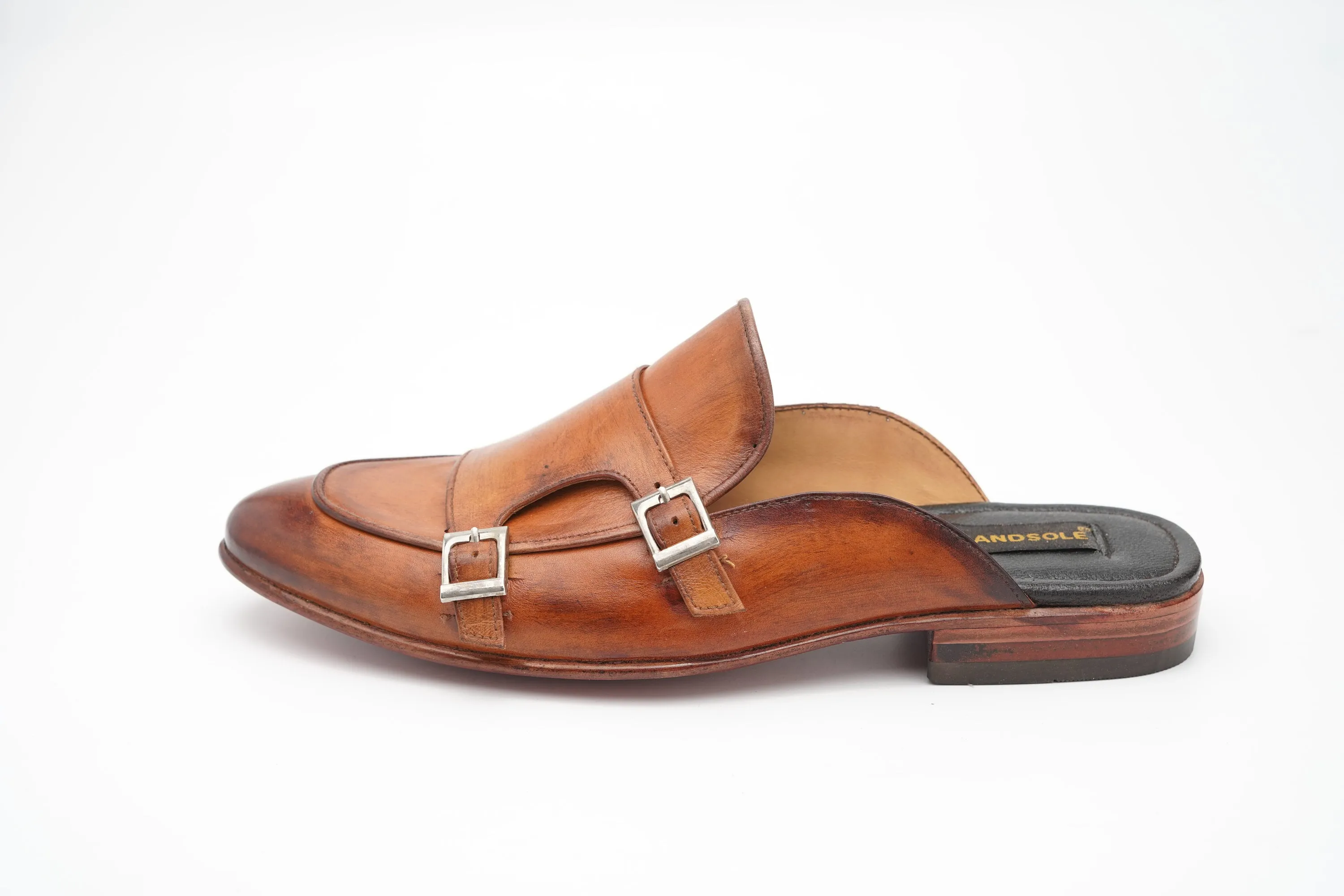 Tan Double Buckle Monk Backless Slip-On Mule Custom Made-To-Order Shoes  Premium Quality Handmade