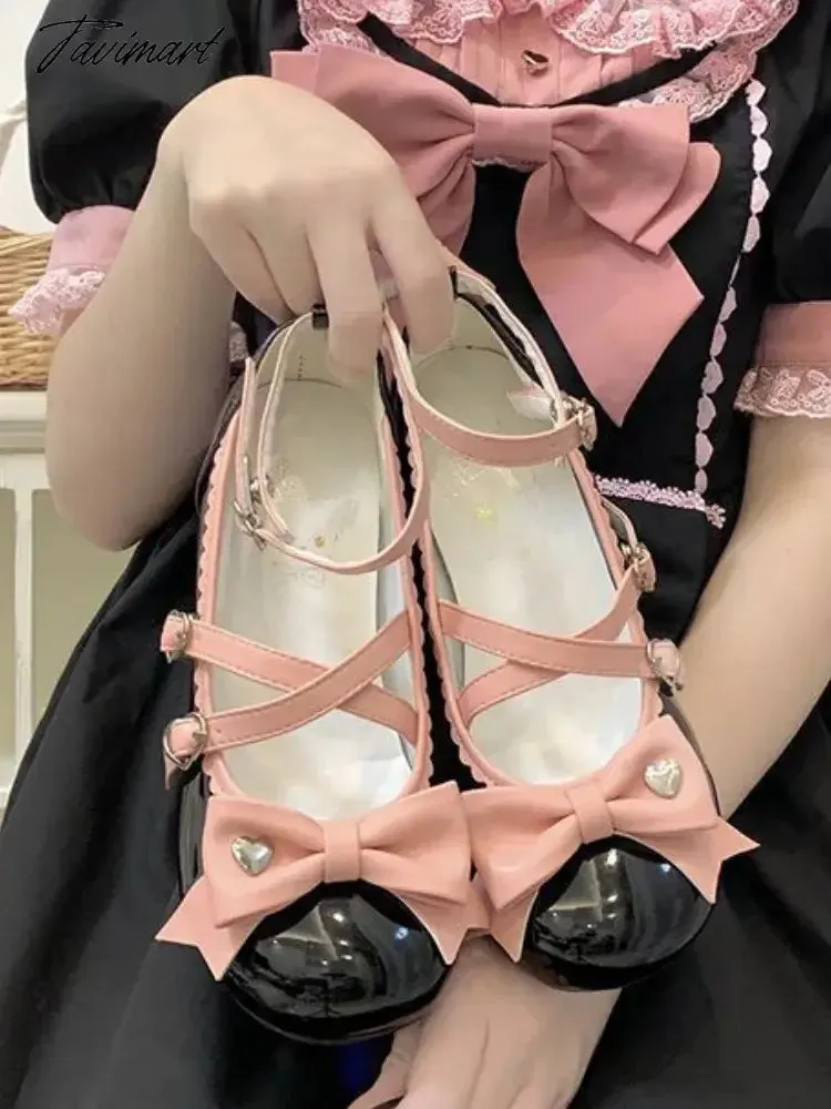 Tavimart France Style Vintage Mary Janes Shoes Women Bow Designer Sweet Buckle Pumps Shoes Female Cross-tied Korean Casual Shoes New