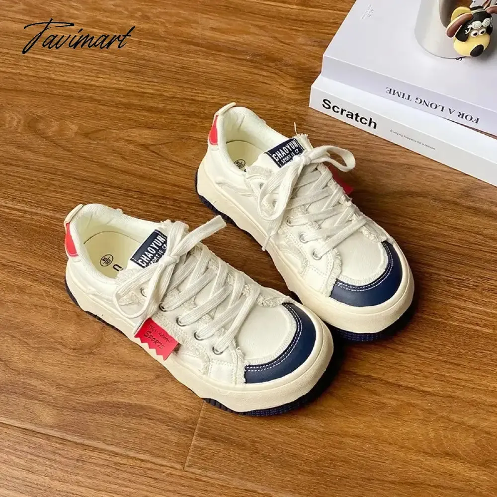 Tavimart Vintage Casual Womens Sports Shoes Fashion Platform White Athletic Sneakers Round Toe Raw Edge Designer Ladies Footwear