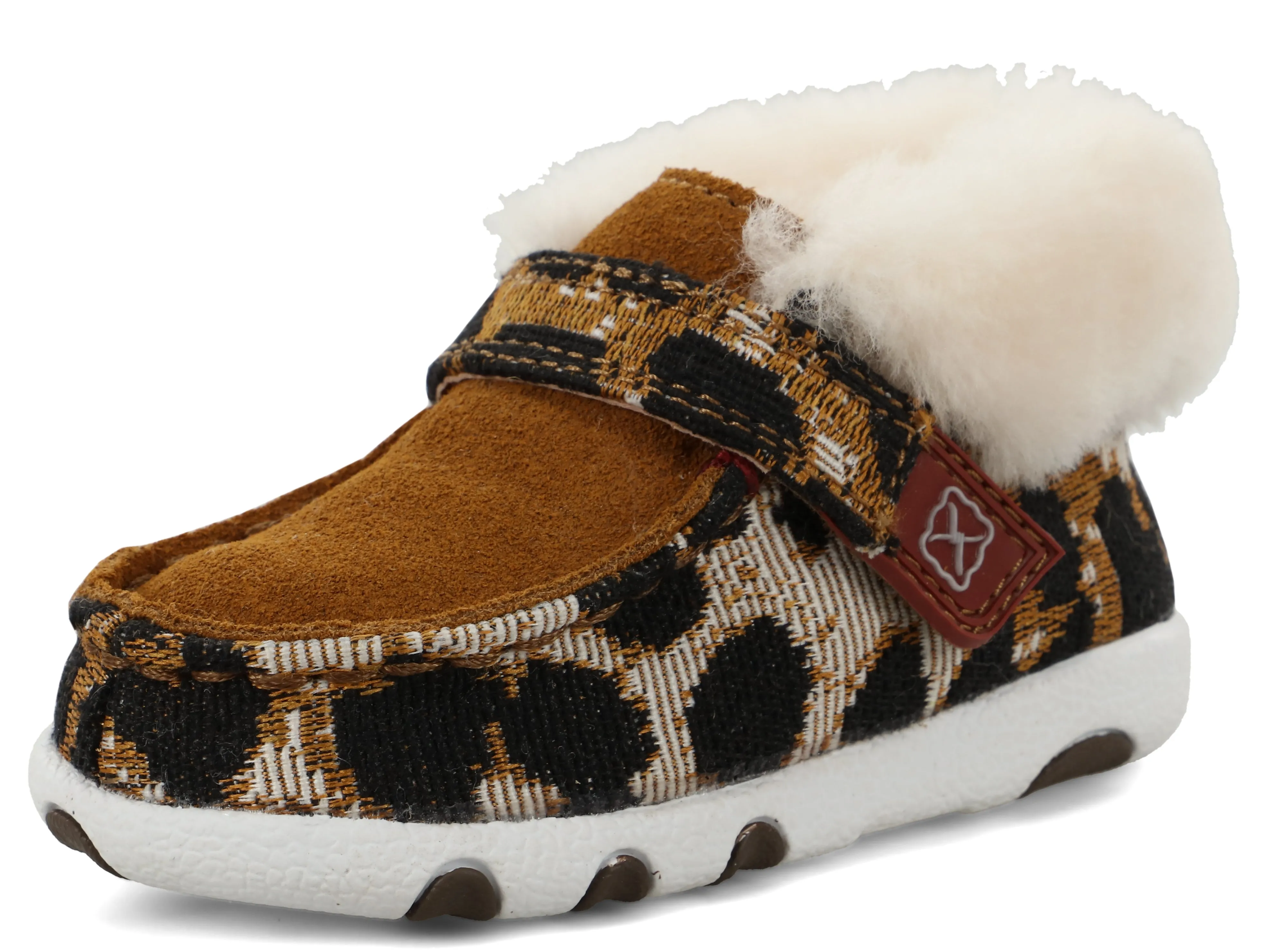 TWISTED X INFANT (ICA0025) DRIVING MOC SLIP-ON W/FUR INSIDE & VELCRO CLOSE - TAN & CHEETAH SUEDE