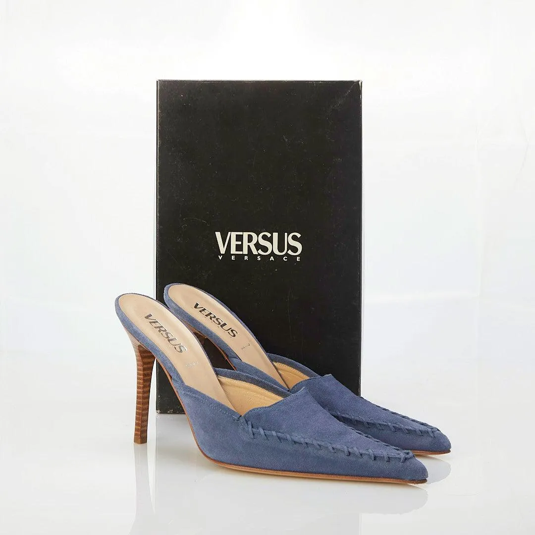 Versus Versace Suede Airforce Blue Heeled Mule UK Size 7