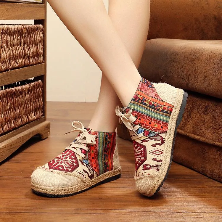 Vintage Boho Folk Pattern Lace-up Flat Canvas Shoes