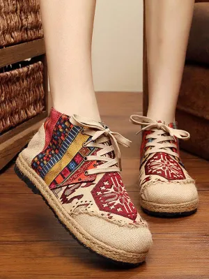 Vintage Boho Folk Pattern Lace-up Flat Canvas Shoes