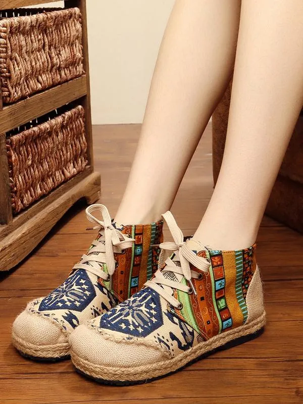 Vintage Boho Folk Pattern Lace-up Flat Canvas Shoes