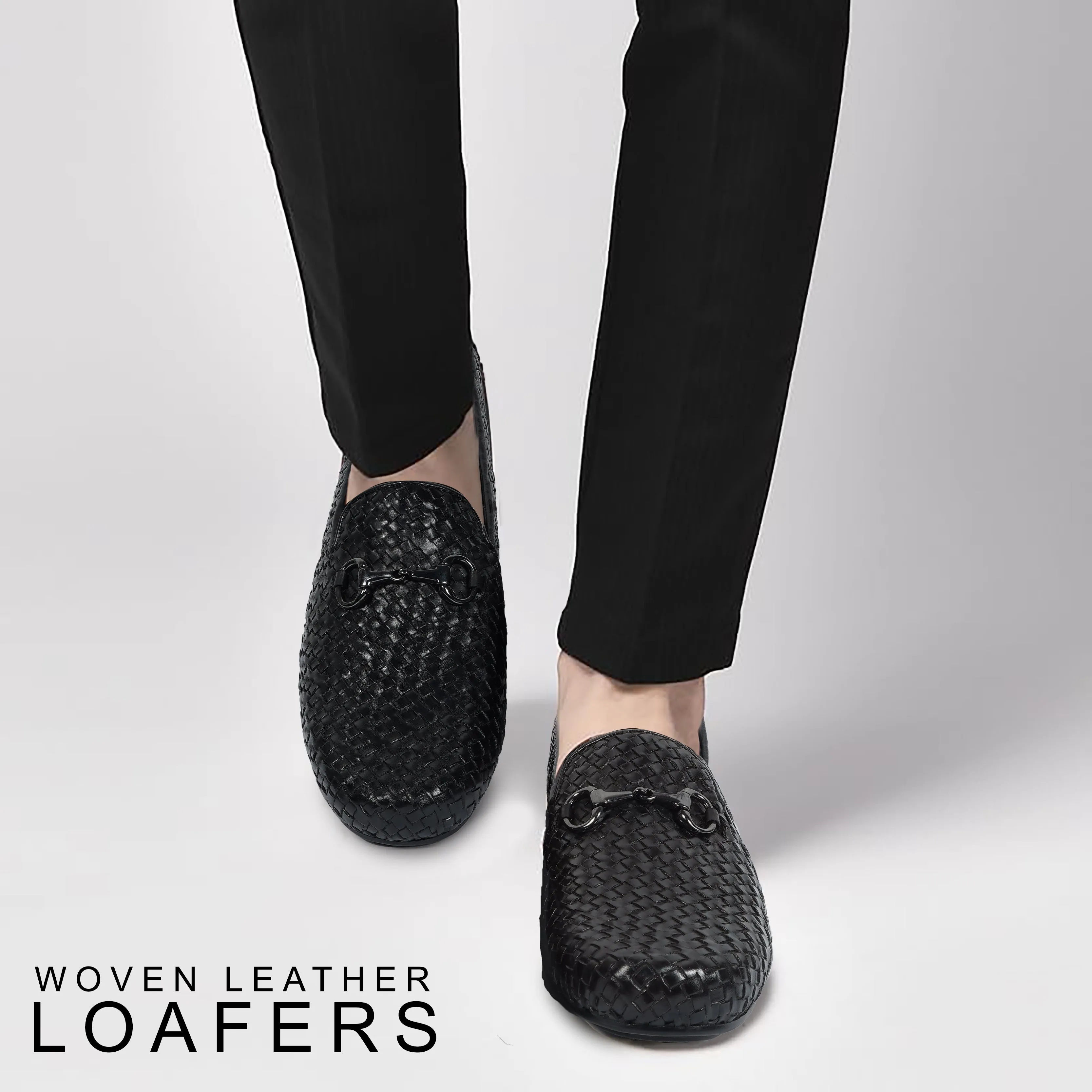 Weaved Leather Driver Sole Horsebit Black Loafers