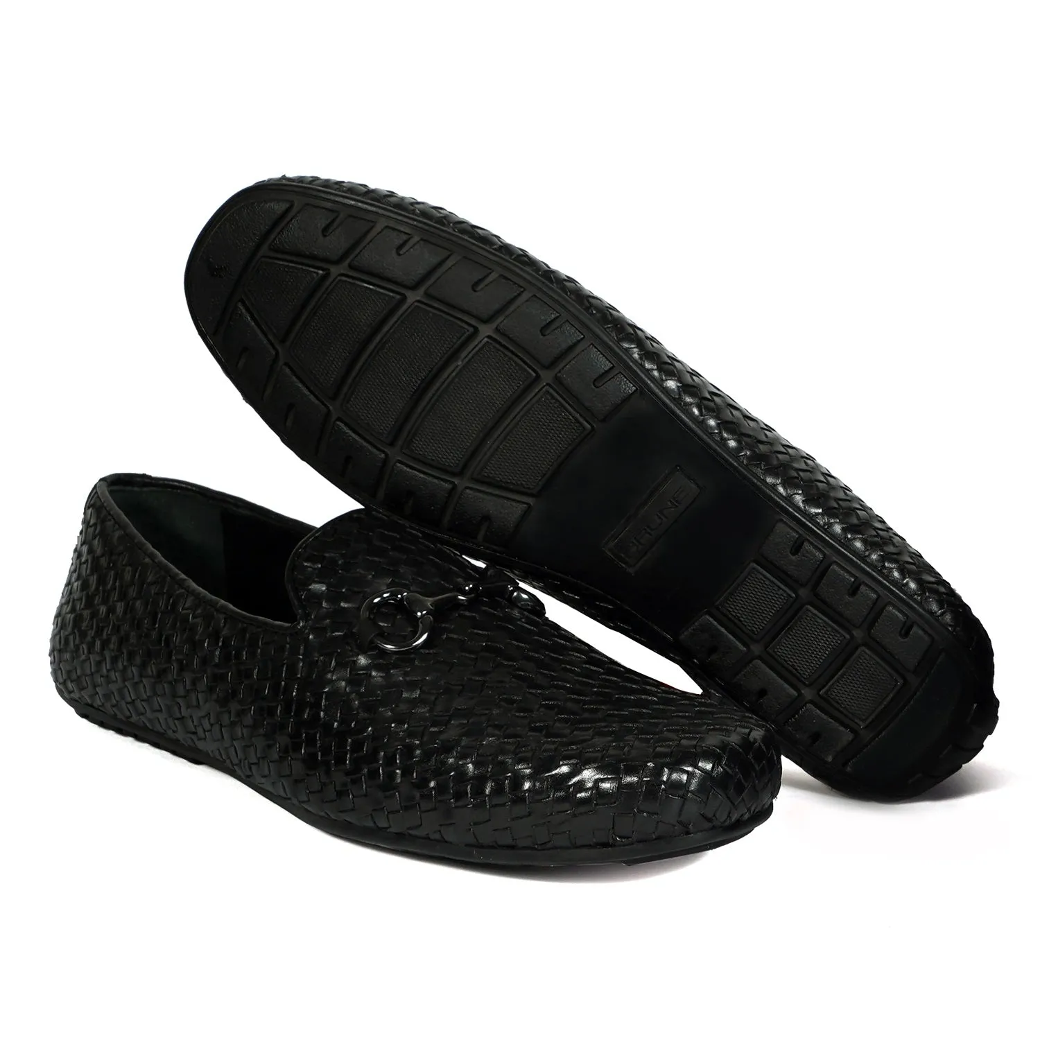 Weaved Leather Driver Sole Horsebit Black Loafers